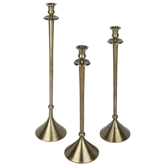 Koyal Wholesale Antique Gold Tall Metal Taper Candlestick Holders with Pillar Candle Tray Set of 3 Candle Holders