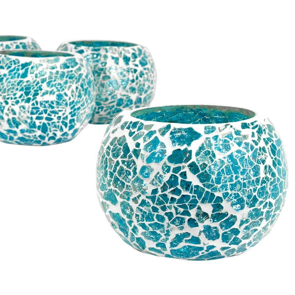 Koyal Wholesale Aqua Blue Round Glass Mosaic Votive Candle Holder Set of 4 for Table Centerpiece, Home Décor