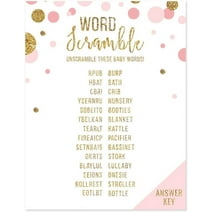 Koyal Wholesale Baby Shower Word Scramble Game Blush Pink Gold Glitter, Paper Party Favors, 20-Pack