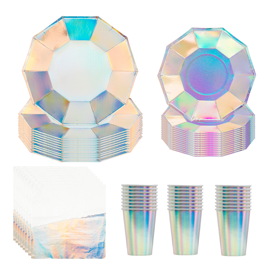 Koyal Wholesale Birthday Iridescent Theme Party Plates, Cups and Lunch Napkins, 50 Piece Person Set