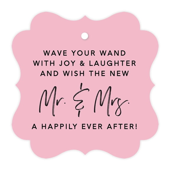 Koyal Wholesale Blush Pink Fancy Frame Wedding Ribbon Wand Favor Tags, Wave Your Wand With Joy & Laughter, 96-Pack