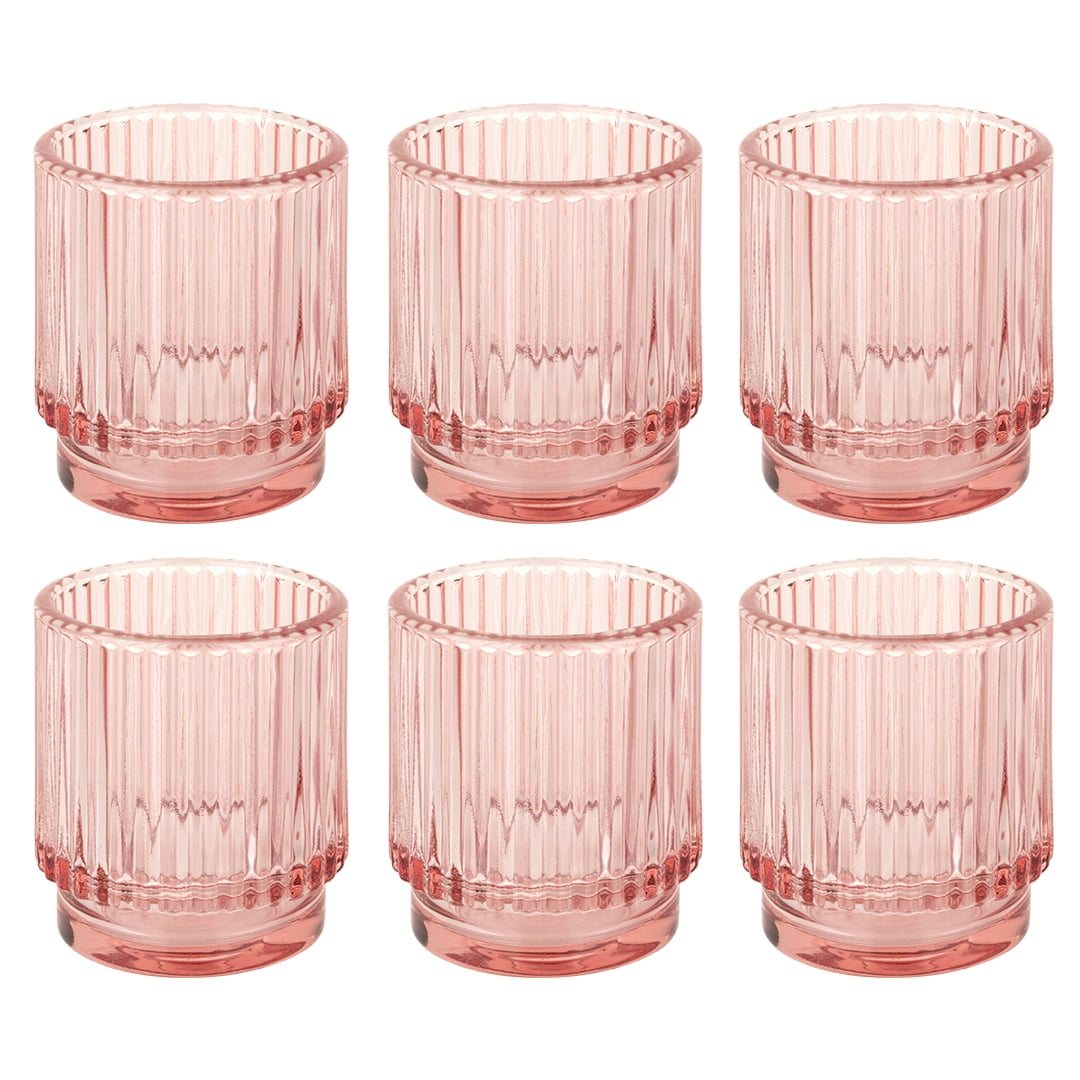Blush Pink Ribbed Glass Votive Candle Holders, Set of 6