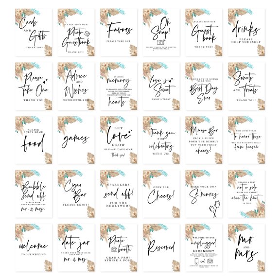 Koyal Wholesale Boho Dried Palm Leaves Wedding Signs Bundle Set for Ceremony, Reception Decor Signage, 30-Pack