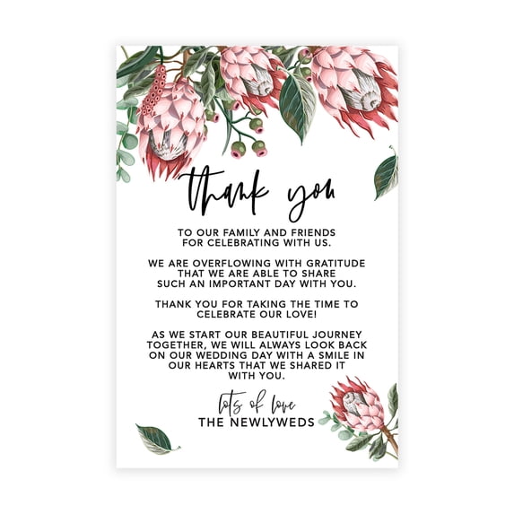 Koyal Wholesale Boho Protea Florals Wedding Thank You Place Setting Cards for Table Reception, Dinner Plates, 56-Pack