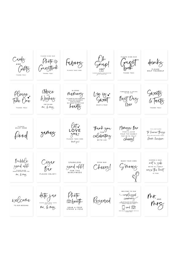 Brush Script Wedding Signs Bundle Set for Ceremony, Reception Decor Signage, 8.5 x 11", 30-Pack