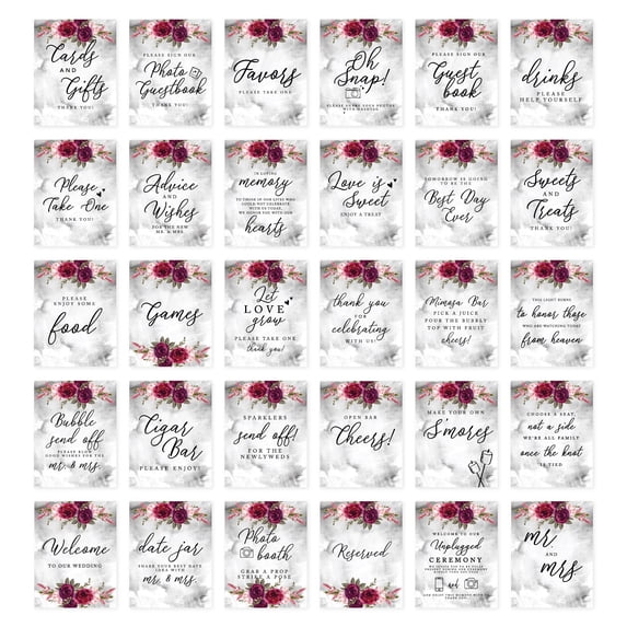 Koyal Wholesale Burgundy Pink Florals with Marble Wedding Signs Bundle Set for Ceremony, Reception Decor, 30-Pack
