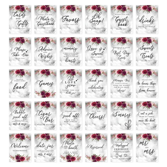 Koyal Wholesale Burgundy Pink Florals with Marble Wedding Signs Bundle Set for Ceremony, Reception Decor, 30-Pack
