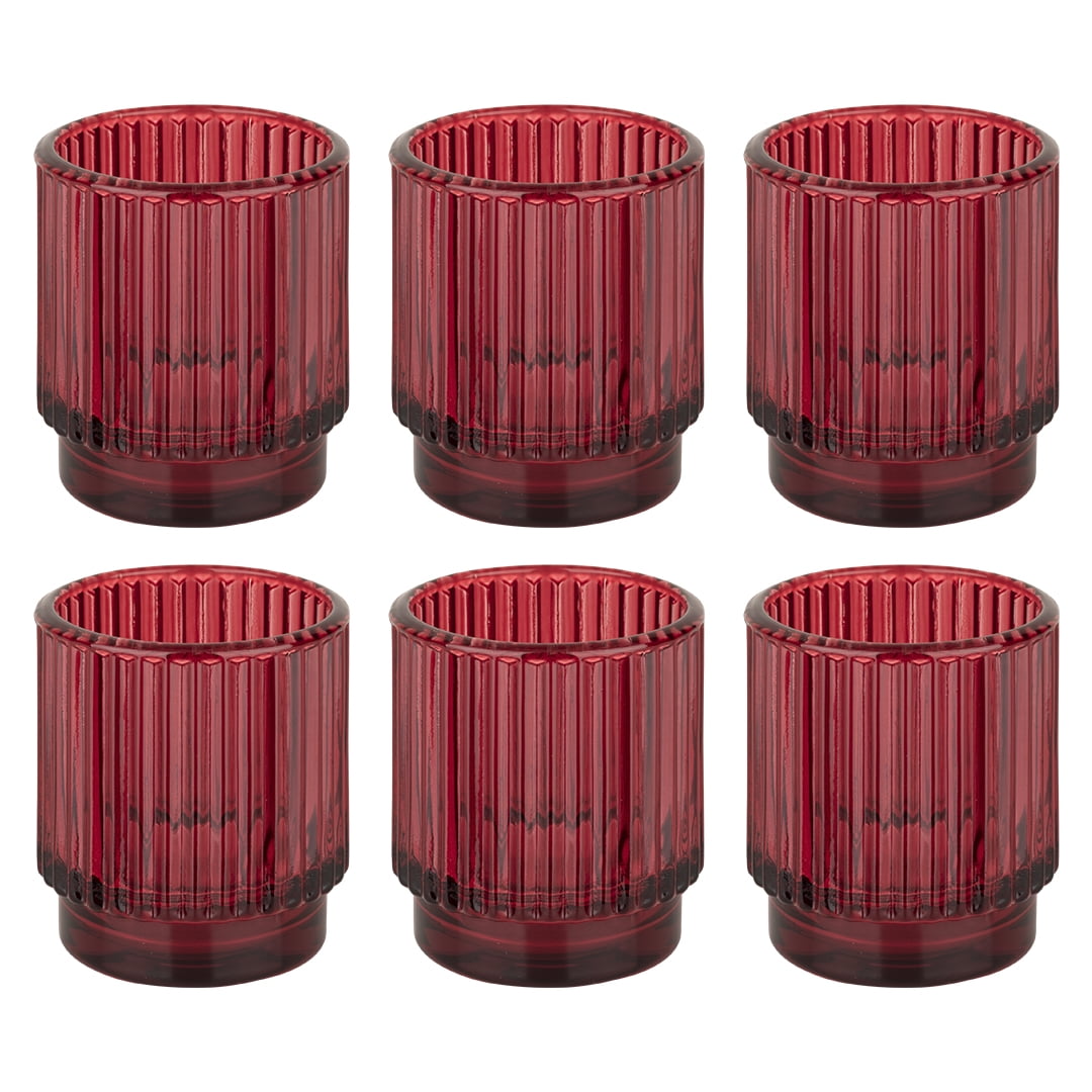 Koyal Wholesale Burgundy Ribbed Glass Votive Candle Holders - Aesthetic Decor & Candle Holders Table Decor, Pack of 6