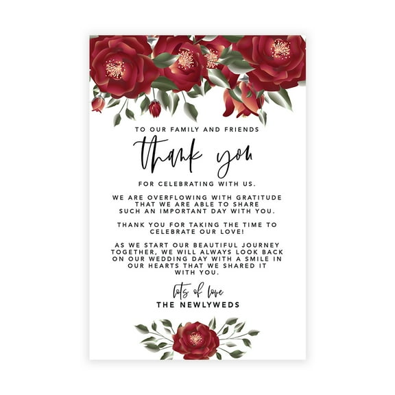 Koyal Wholesale Burgundy Roses Wedding Thank You Place Setting Cards for Table Reception, Dinner Plates, Family, 56-Pack