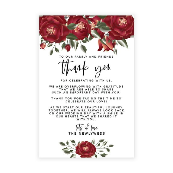 Koyal Wholesale Burgundy Roses Wedding Thank You Place Setting Cards for Table Reception, Dinner Plates, Family, 56-Pack