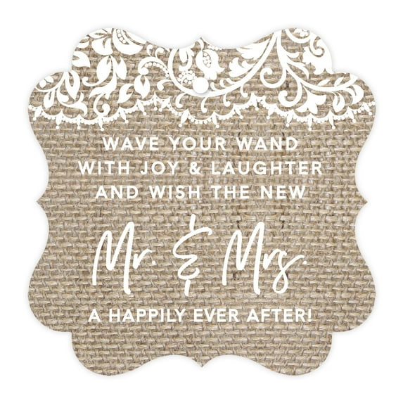 Koyal Wholesale Burlap Lace Fancy Frame Wedding Ribbon Wand Favor Tags, Wave Your Wand With Joy & Laughter, 96-Pack