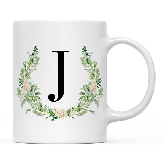 Koyal Wholesale Ceramic Coffee Mug, Garden Green Monogram Initial Letter J