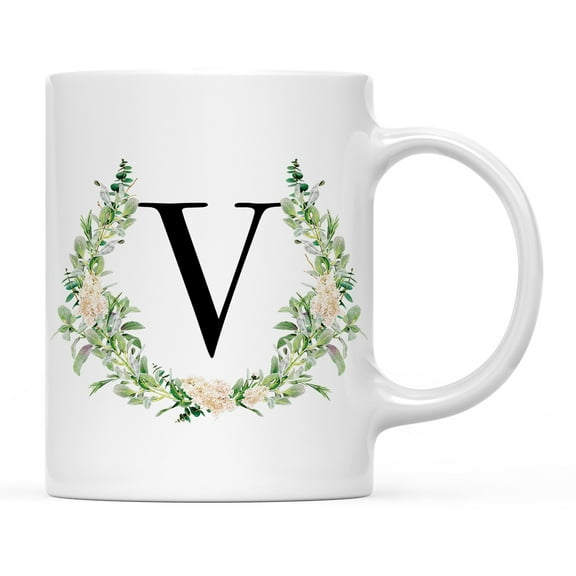 Koyal Wholesale Ceramic Coffee Mug, Garden Green Monogram Initial Letter V