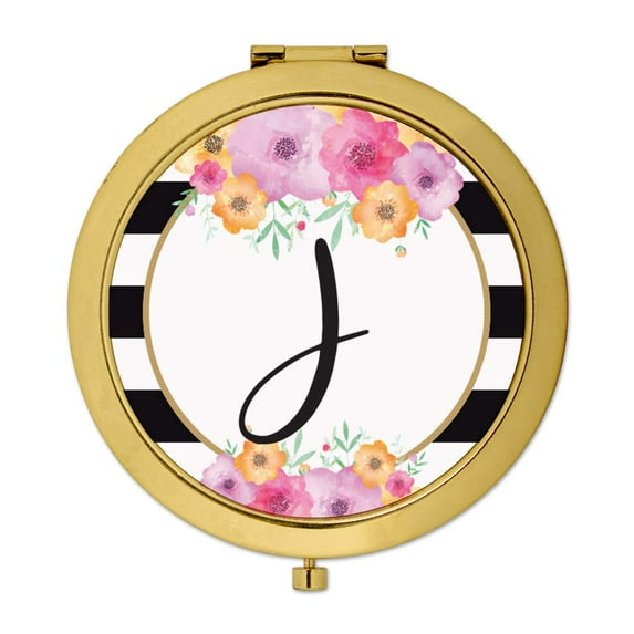 Koyal Wholesale Compact Mirror Bridesmaid's Wedding Gift, Gold, Monogram Letter J, Modern Black White Stripes , 1-Pack