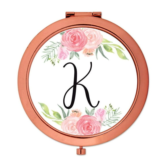 Koyal Wholesale Compact Mirror Bridesmaid's Wedding Gift, Rose Gold, Monogram Letter K, Peach and Pink Roses, 1-Pack