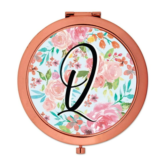Koyal Wholesale Compact Mirror Bridesmaid's Wedding Gift, Rose Gold, Monogram Letter Q, Tea Party Pink Floral Flowers