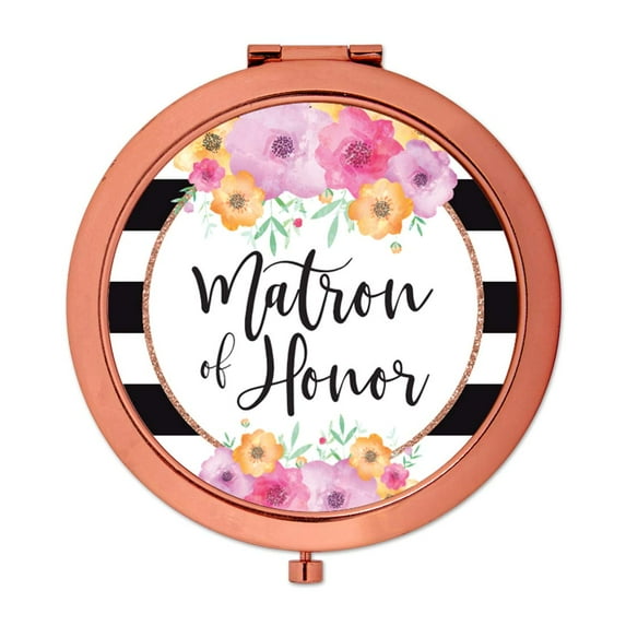Koyal Wholesale Compact Mirror Matron of Honor Wedding Gift, Rose Gold, Modern Black White Stripes , 1-Pack