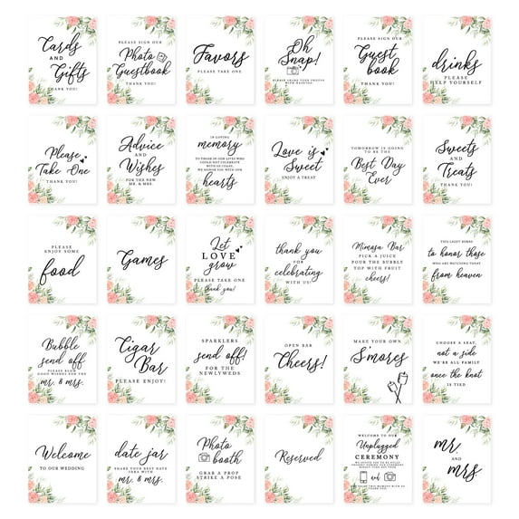 Koyal Wholesale Coral Peach Roses Wedding Signs Bundle Set for Ceremony, Reception Decor Signage, 8.5 x 11", 30-Pack