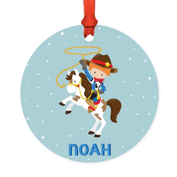 Koyal Wholesale Personalized Metal Christmas Ornament, Western Rodeo Red Haired Boy with White Horse and Rope, 1-Pack