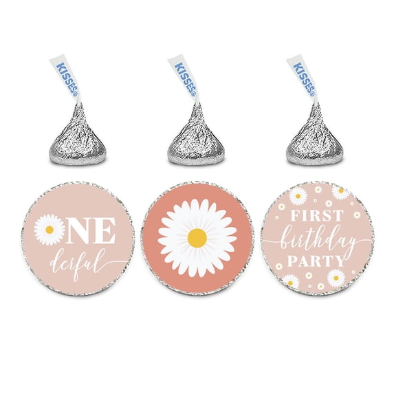 Koyal Wholesale Daisy 1st Birthday Chocolate Drop Label Stickers for Kisses, For Kids Birthday Party Favors 240-Pk