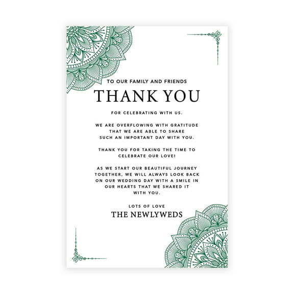 Koyal Wholesale Dark Green Elegant Ornate Wedding Thank You Place Setting Cards for Table Reception, 56-Pack