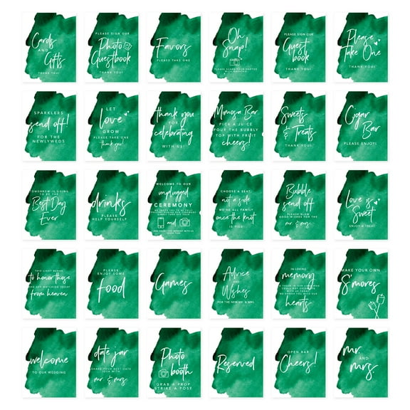 Koyal Wholesale Emerald Green Brushstrokes Wedding Signs Bundle Set for Ceremony, Reception Signage, 8.5 x 11", 30-Pack