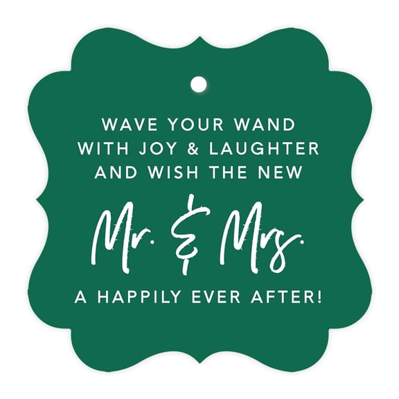 Koyal Wholesale Emerald Green Fancy Frame Wedding Ribbon Wand Favor Tags, Wave Your Wand With Joy & Laughter, 96-Pack