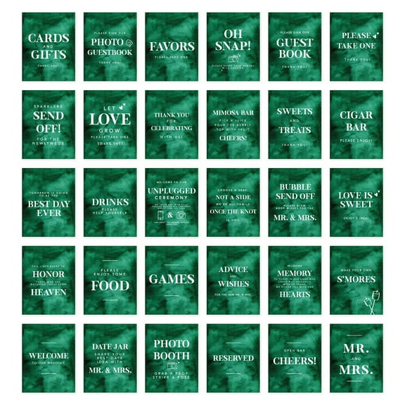 Koyal Wholesale Emerald Green Watercolor Wedding Signs Bundle Set for Ceremony, Reception Signage, 8.5 x 11", 30-Pack