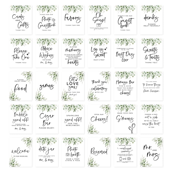 Koyal Wholesale Eucalyptus Leaves Wedding Signs Bundle Set for Ceremony, Reception Decor Signage, 8.5 x 11", 30-Pack