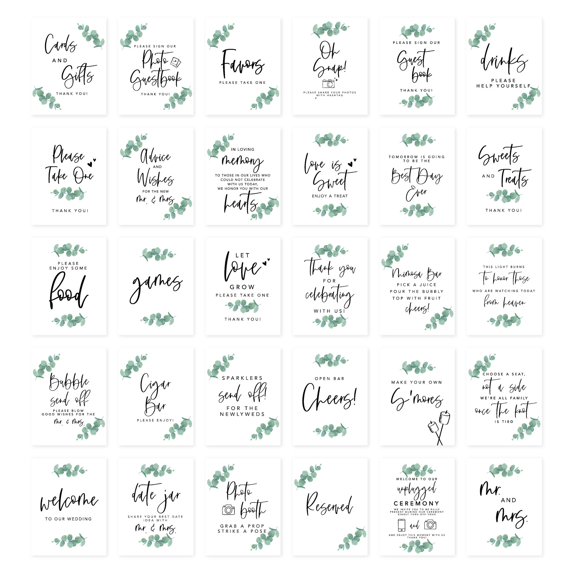 Koyal Wholesale Eucalyptus Wedding Signs Bundle Set for Ceremony, Reception Decor Signage, 8.5 x 11", 30-Pack