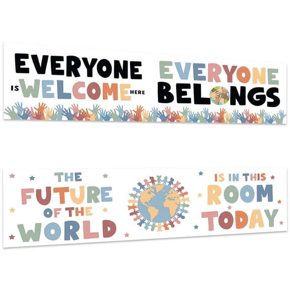 Koyal Wholesale Everyone Is Welcome Classroom Banner Sign for Teachers, Door, Wall Decor Boho Rainbow, 2-Pk