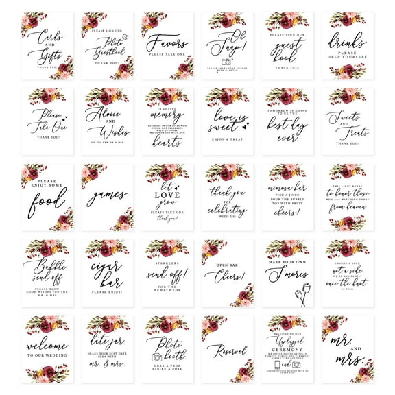 Koyal Wholesale Fall Burgundy Marsala Wedding Signs Bundle Set for Ceremony, Reception Decor Signage, 8.5 x 11", 30-Pack