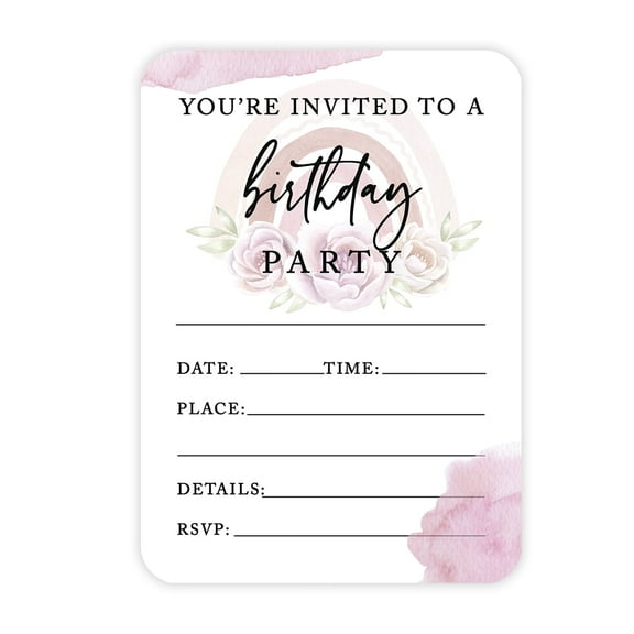 Koyal Wholesale Floral Rainbow Birthday Party Invitations with Envelopes, Birthday Party Supplies, 5x7-inch, 24-Pk