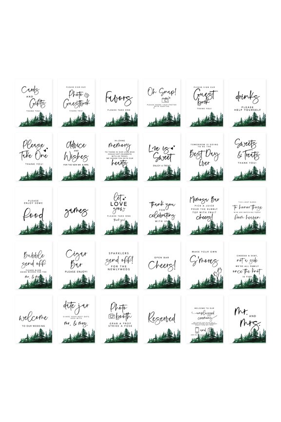 Forest Green Pine Trees Wedding Signs Bundle Set for Ceremony, Reception Decor Signage 30-Pack