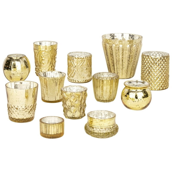 Koyal Wholesale Glass Gold Mismatched Votive Candle Holder Mega Set of 12 for Wedding & Home Decor