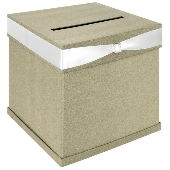 Koyal Wholesale Glitter Champagne Wedding Card Box with Slot, White Satin Ribbon and Rhinestone Buckle, 10" x 10" Holder