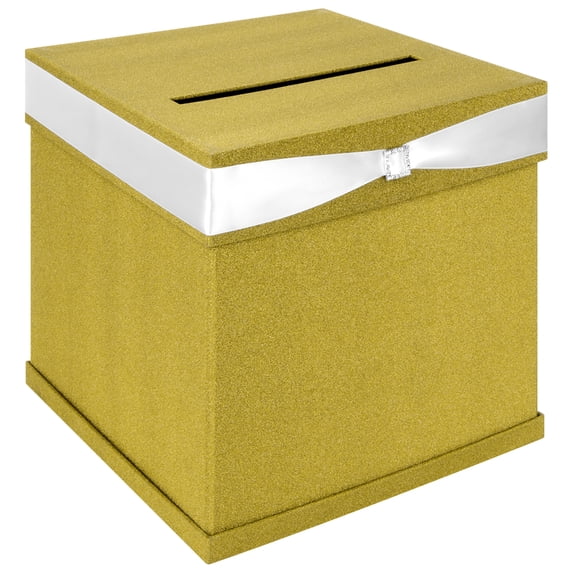 Koyal Wholesale Glitter Gold Wedding Card Box with Slot, White Satin Ribbon and Rhinestone Buckle, 10" x 10" Holder