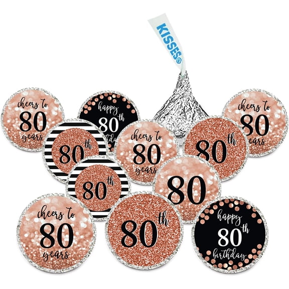 Koyal Wholesale Glitzy Rose Gold Chocolate Drop Labels, Cheers to 80 240-Pk