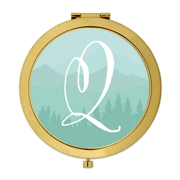 Koyal Wholesale Gold Compact Mirror Bridesmaid's Wedding Gift, Aqua Watercolor Rustic Trees, Monogram Letter Q, 1-Pack