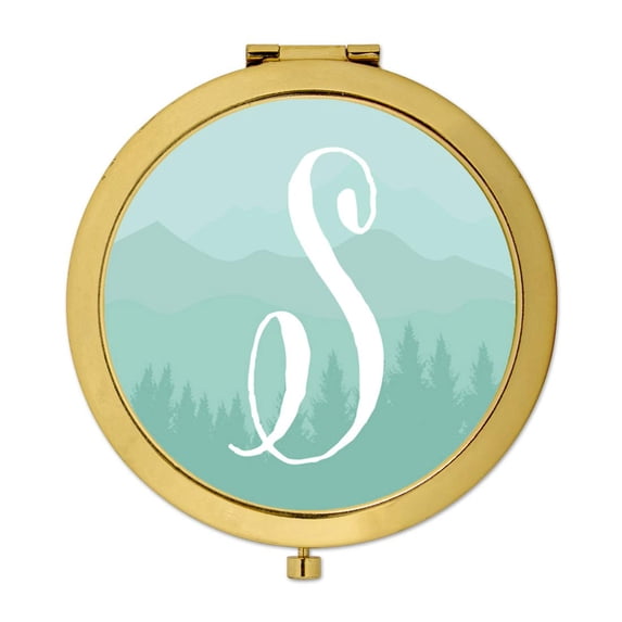 Koyal Wholesale Gold Compact Mirror Bridesmaid's Wedding Gift, Aqua Watercolor Rustic Trees, Monogram Letter S, 1-Pack