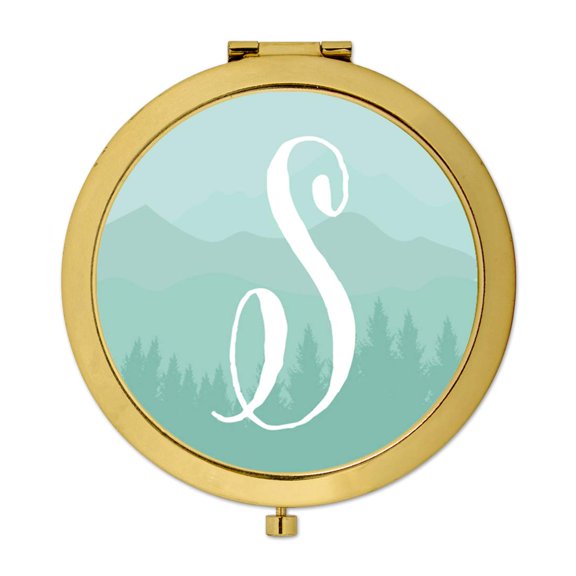 Koyal Wholesale Gold Compact Mirror Bridesmaid's Wedding Gift, Aqua Watercolor Rustic Trees, Monogram Letter S, 1-Pack
