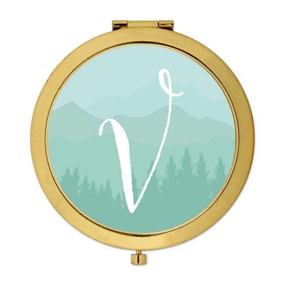 Koyal Wholesale Gold Compact Mirror Bridesmaid's Wedding Gift, Aqua Watercolor Rustic Trees, Monogram Letter V, 1-Pack