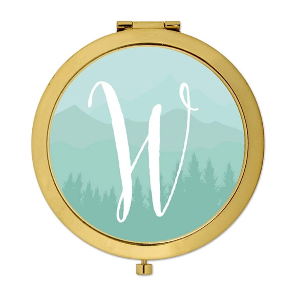 Koyal Wholesale Gold Compact Mirror Bridesmaid's Wedding Gift, Aqua Watercolor Rustic Trees, Monogram Letter W, 1-Pack