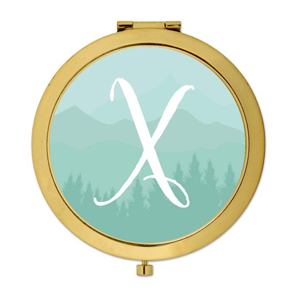Koyal Wholesale Gold Compact Mirror Bridesmaid's Wedding Gift, Aqua Watercolor Rustic Trees, Monogram Letter X, 1-Pack