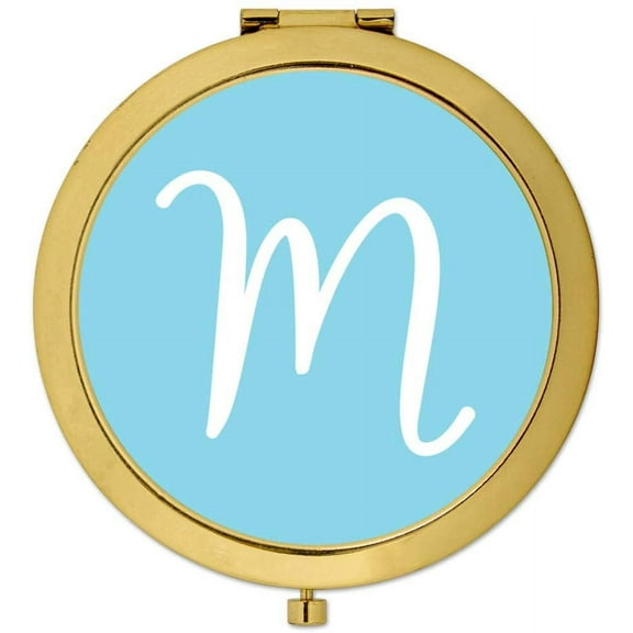 Koyal Wholesale Gold Compact Mirror Bridesmaid's Wedding Gift, Baby Blue, Monogram Letter M, 1-Pack