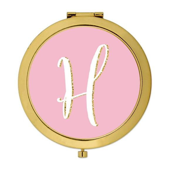 Koyal Wholesale Gold Compact Mirror Bridesmaid's Wedding Gift, Blush Pink Faux Gold Glitter, Monogram Letter H, 1-Pack