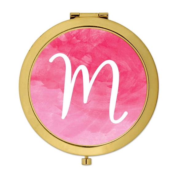 Koyal Wholesale Gold Compact Mirror Bridesmaid's Wedding Gift, Blush Pink Watercolor, Monogram Letter M, 1-Pack