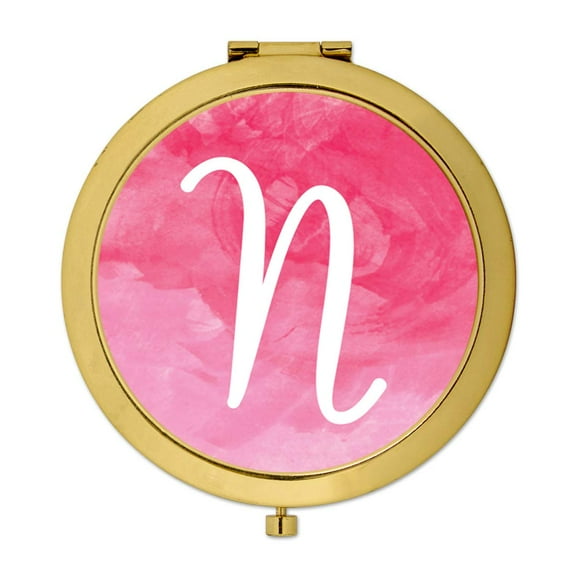 Koyal Wholesale Gold Compact Mirror Bridesmaid's Wedding Gift, Blush Pink Watercolor, Monogram Letter N, 1-Pack