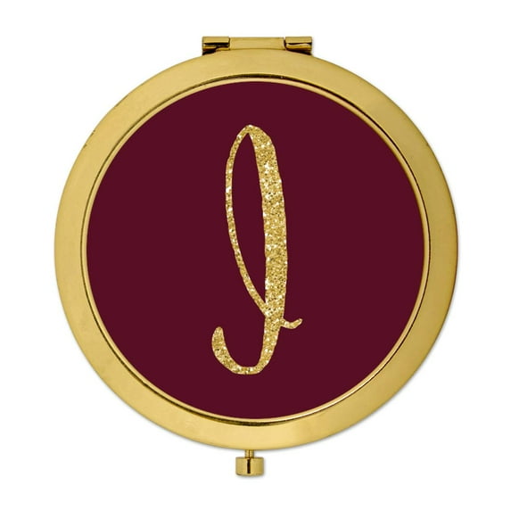 Koyal Wholesale Gold Compact Mirror Bridesmaid's Wedding Gift, Burgundy Maroon Jewel Tone , Monogram Letter I, 1-Pack