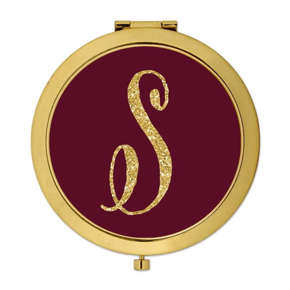 Koyal Wholesale Gold Compact Mirror Bridesmaid's Wedding Gift, Burgundy Maroon Jewel Tone , Monogram Letter S, 1-Pack